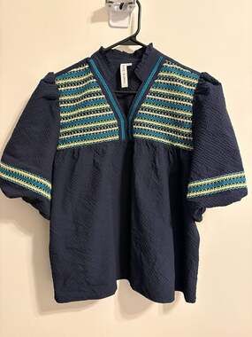 Grace + Karma Navy Blue Ruffle Neck Embroidered Seersucker Blouse